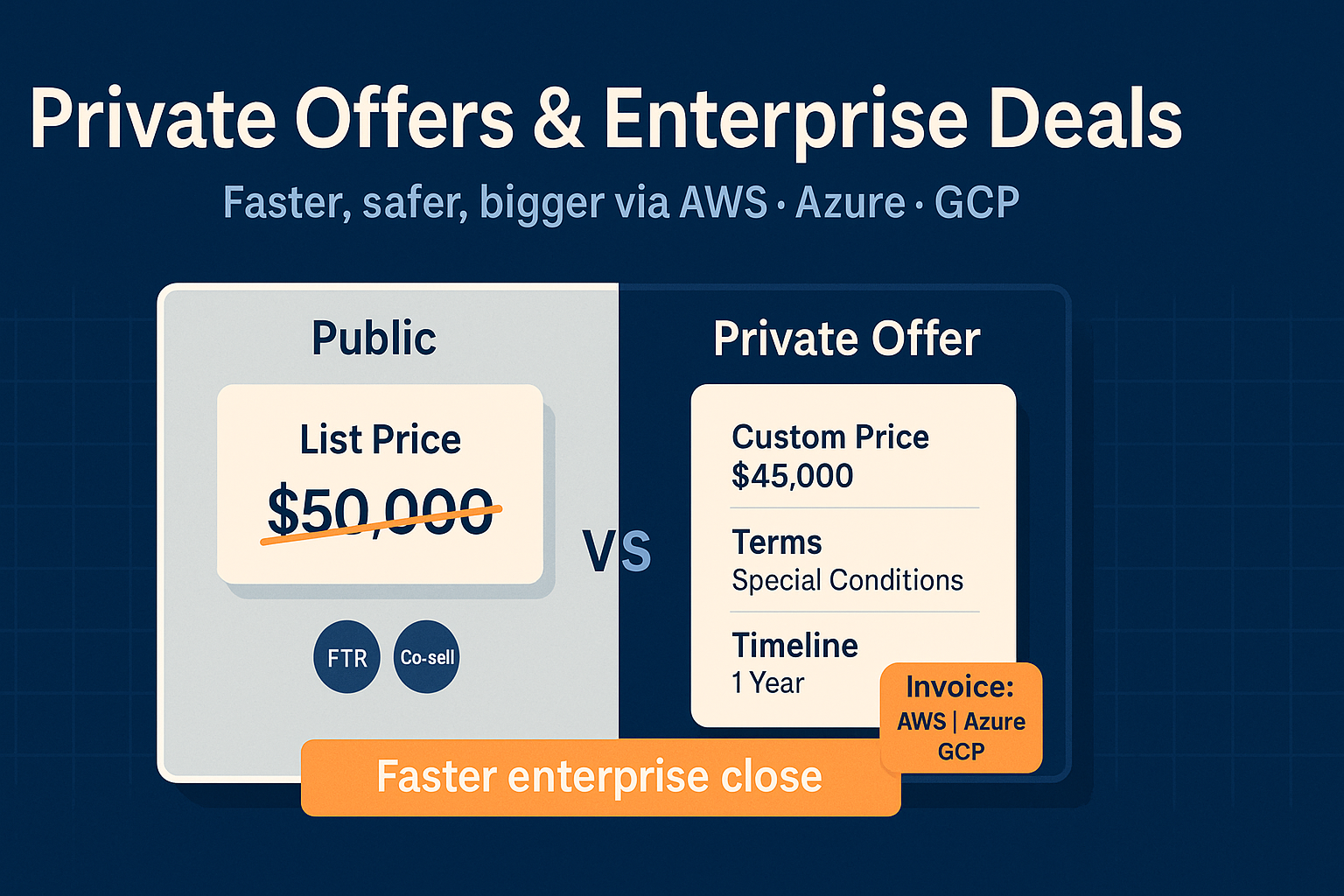 Illustration comparing public list price to a Private Offer with custom pricing, terms, and cloud invoice badges for AWS, Azure, and GCP